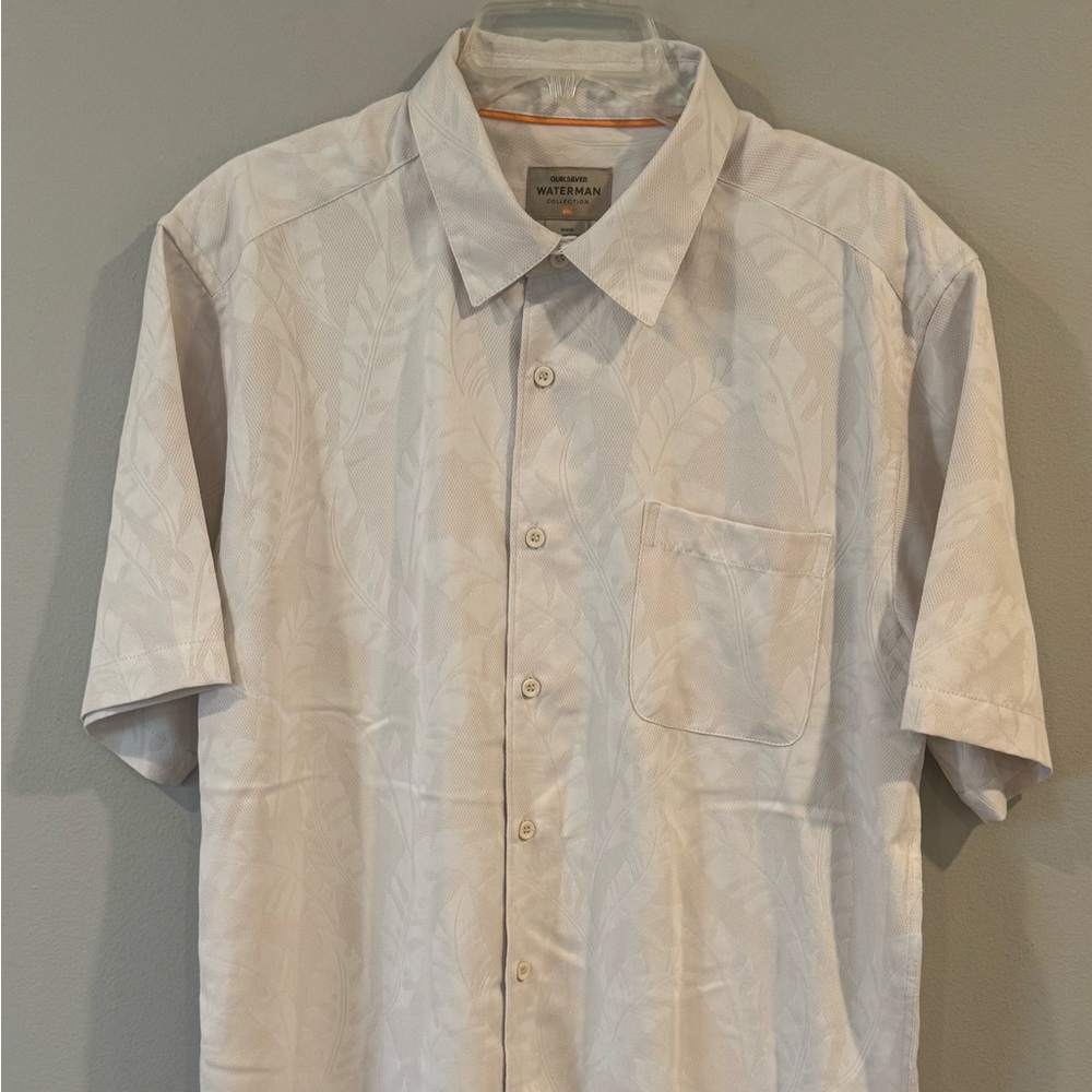 Quik Silver Waterman Shirt Men Med Beige Rayon Hawaiian Cruise Vacaton Button Up